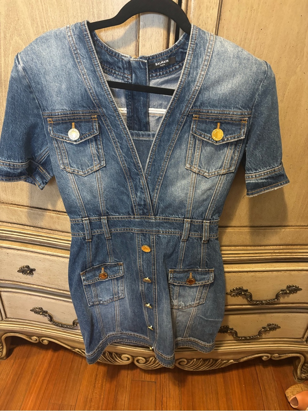 Balmain Washed Blue Denim Short-Sleeve Mini Dress with Gold Buttons
